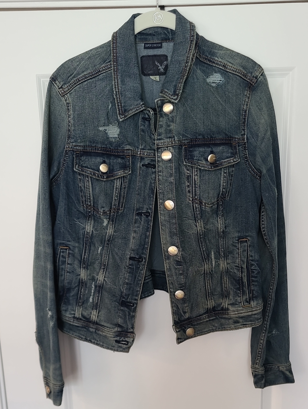 American Eagle Outfitters Distressed Denim Jacket - Dark Blue